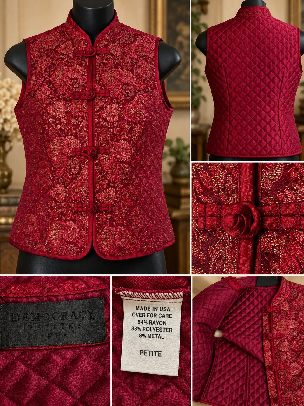 Vintage Democracy Petites Burgundy Brocade Frog Closure Vest Made USA